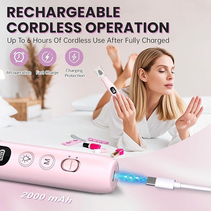 Electric Nail Drill, Cordless 2000 mAh Rechargeable Portable Nail File 12 in 1 Kit for Thick Toenails, 10 Speeds Nail Dril Machine Professional Manicure Pedicure for Hand Natural Nails Care (Pink)-VivaGrace Women
