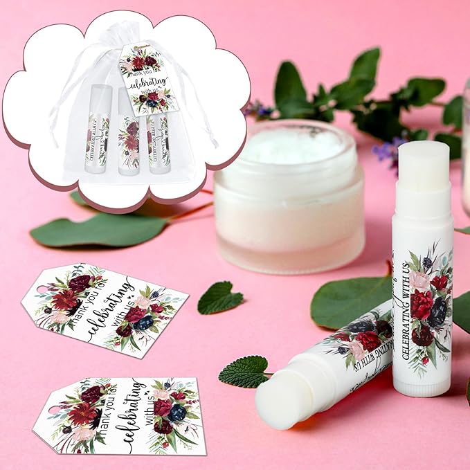 Dunzy 50 Pack Bridal Shower Favors Gifts Bulk Burgundy Floral Lip Balms Party Supplies Wedding Party Favors Bachelorette Prizes Souvenirs Thank You Appreciation Gifts for Guests Women Coworker Staff-VivaGrace Women