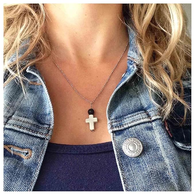 Boho Cross Pendant Necklace Black Lava Bead Choker Necklace Silver Chain Necklace Minimalist Everyday Necklace Jewelry for Women and Girls-VivaGrace Women