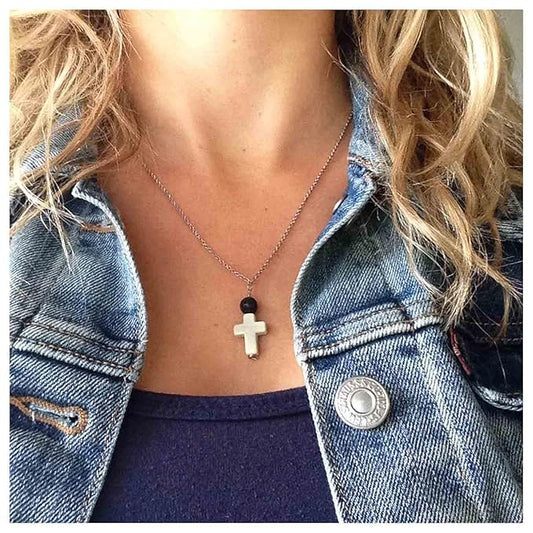 Boho Cross Pendant Necklace Black Lava Bead Choker Necklace Silver Chain Necklace Minimalist Everyday Necklace Jewelry for Women and Girls-VivaGrace Women