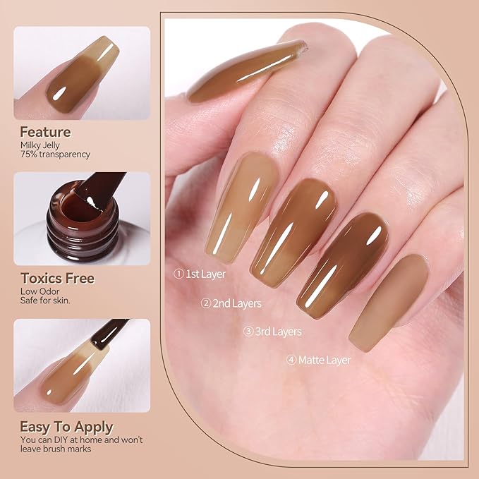 Born Pretty Jelly Gel Nail Polish Milky Jelly Translucent Gel Polish Sheer Red Purple Brown Grey Green Nail Art Varnish Manicure 6PCS-VivaGrace Women