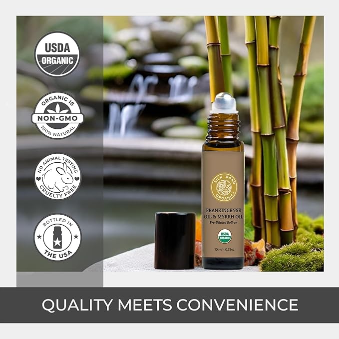 Silk Road Organic Frankincense Oil & Myrrh Essential Oil Roll On, 100% Pure USDA Certified Aromatherapy for Body Aches, Stiffness & Tingling, Stress Relief, & Skin - 10 ml Roller-VivaGrace Women