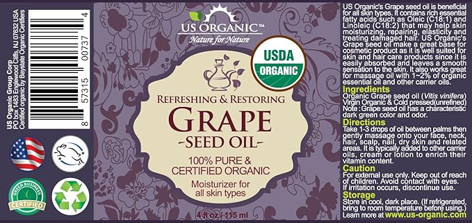 US Organic Grape Seed Oil, USDA Certified Organic, 100% Pure & Natural, Cold Pressed Virgin, Unrefined, in Amber Glass Bottle w/Glass Eye dropper for Easy Application (4 oz (115 ml))-VivaGrace Women