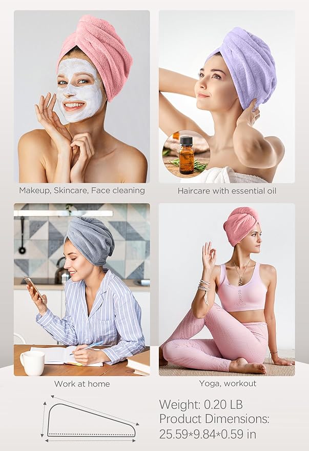 Hicober Microfiber Hair Towel, 3 Packs Turbans for Wet Hair, Drying Wrap Towels Curly Women Anti Frizz (Pink,Purple,Grey)-VivaGrace Women