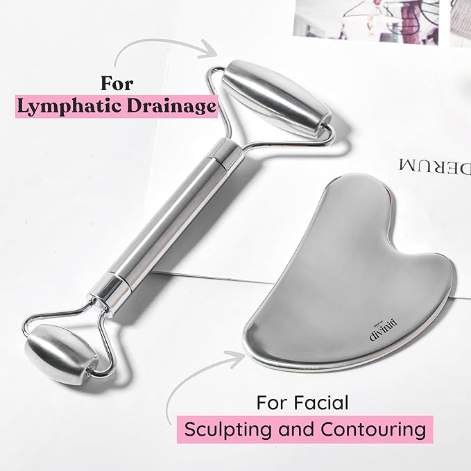 Stainless Steel Face Roller - Premium Gua Sha Facial Tools Stainless Steel GuaSha Tool and Face Roller Set - Gua Sha Stainless Steel Gua Sha Tool - Metal Face Roller and Gua Shua Set - Spa Gifts-VivaGrace Women