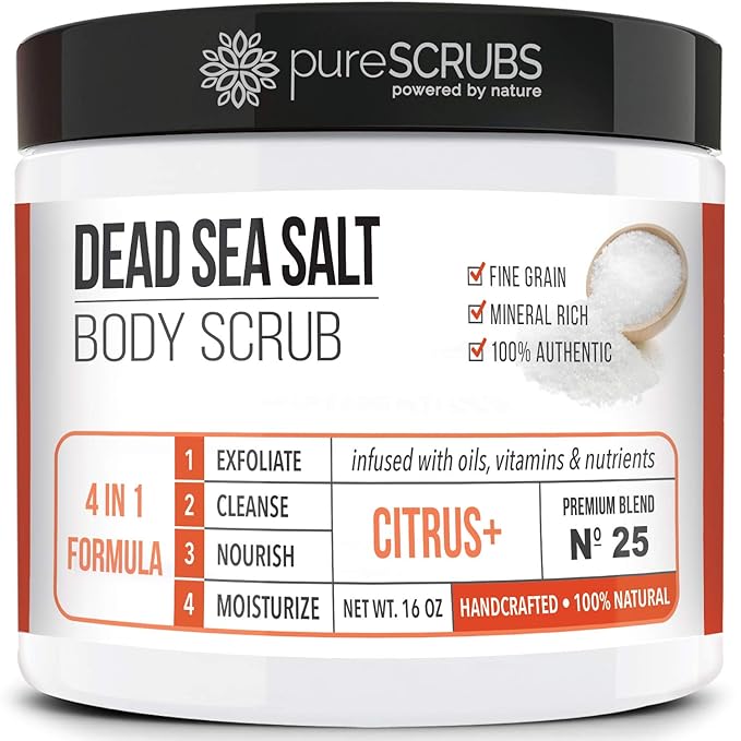 pureSCRUBS Premium Citrus Body Scrub Set - Large 16oz Dead Sea Salt Body Scrub With Infused Essential Oils & Nutrients, Includes Wooden Spoon, Loofah & Oatmeal Exfoliating Bar Soap-VivaGrace Women