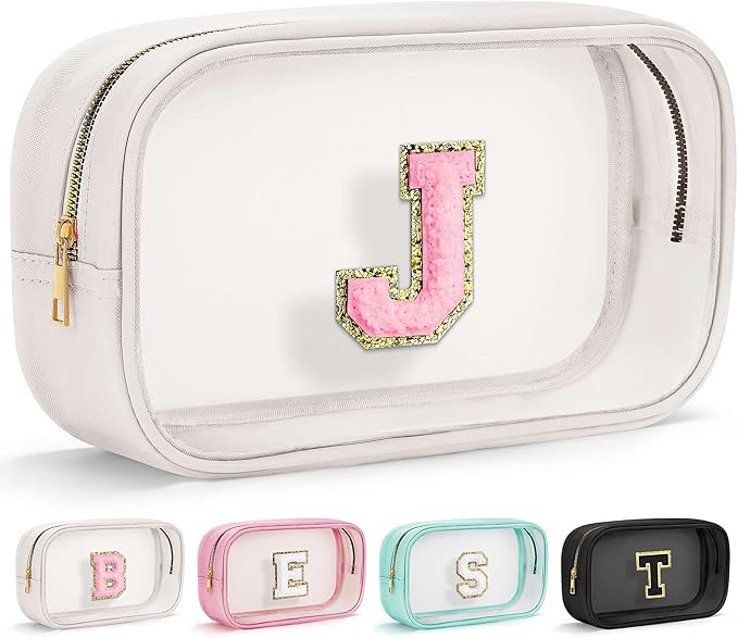 YOOLIFE Initial Make Up Bag Travel Toiletry Bag, Clear Makeup Bag Preppy Cosmetic Bags Organizer Travel Essentials Gifts for Women Teen Girlfriend Teacher Mom Brithday Mothers Day Gifts, Large, White-VivaGrace Women