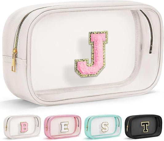 YOOLIFE Initial Make Up Bag Travel Toiletry Bag, Clear Makeup Bag Preppy Cosmetic Bags Organizer Travel Essentials Gifts for Women Teen Girlfriend Teacher Mom Brithday Mothers Day Gifts, Large, White-VivaGrace Women