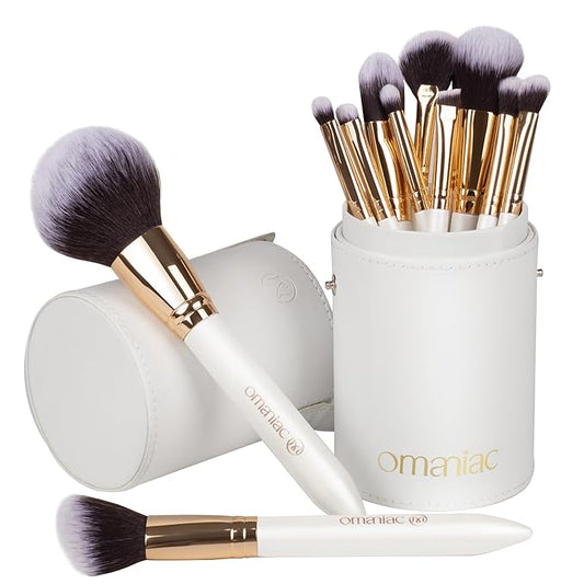 OMANIAC Makeup Brush Set Professional, 12 Pearlescent Wood Handle Makeup Brushes, Premium Cruelty-Free Synthetic Fiber Hair, Travel Make up Brushes Set with Case (White).-VivaGrace Women
