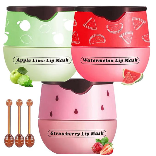 Honey Lip Balm Pot, 3 Pcs Strawberry & Apple & Watermelon Lip Mask Propolis Lip Mask Moisturizing Hydrating Prevention Dry and Cracked Lip Scrubs Exfoliator-VivaGrace Women