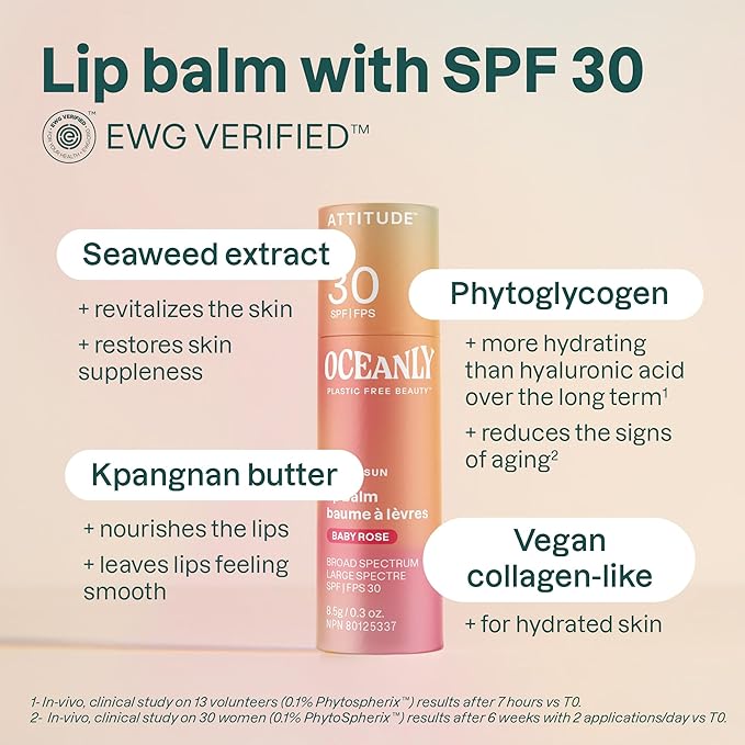 ATTITUDE Oceanly Tinted Lip Balm with SPF 30, EWG Verified, Plastic-Free, Broad Spectrum UVA/UVB Protection with Zinc Oxide, Vegan, Unscented, Baby Rose, 0.3 Ounce-VivaGrace Women