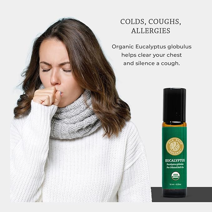 Silk Road Organic Eucalyptus Essential Oil Roll On, 100% Pure USDA Certified - Respiratory Health, Colds, Cough, Sinus & Allergy Congestion - 10 ml Roller - Always Pure, Always Organic-VivaGrace Women