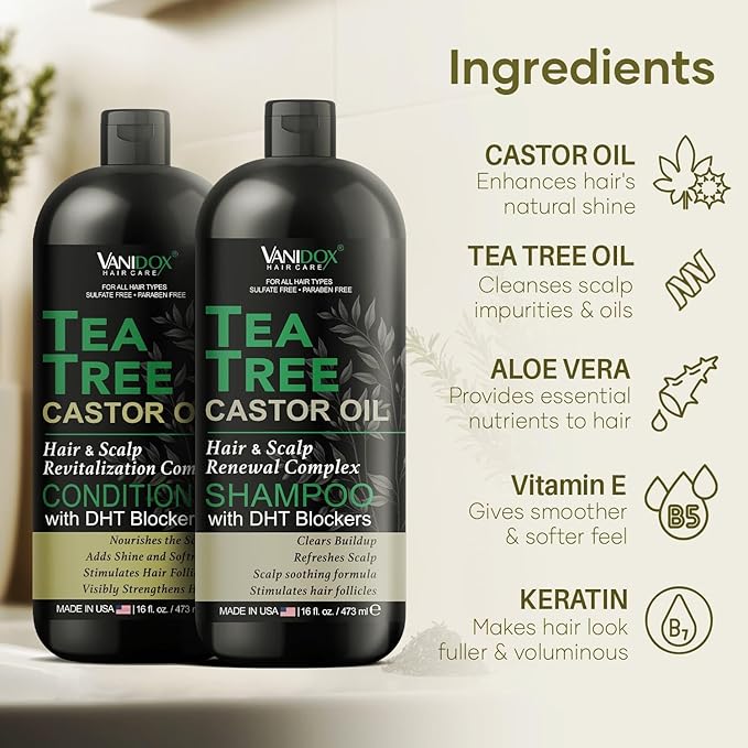 Tea Tree Oil Shampoo and Conditioner Set with Castor Oil, DHT Blockers, Itchy Scalp Relief, Supports Fuller Hair, Cleanses Dandruff & Buildup, For Men & Women, Made in USA, 16 fl oz Each-VivaGrace Women