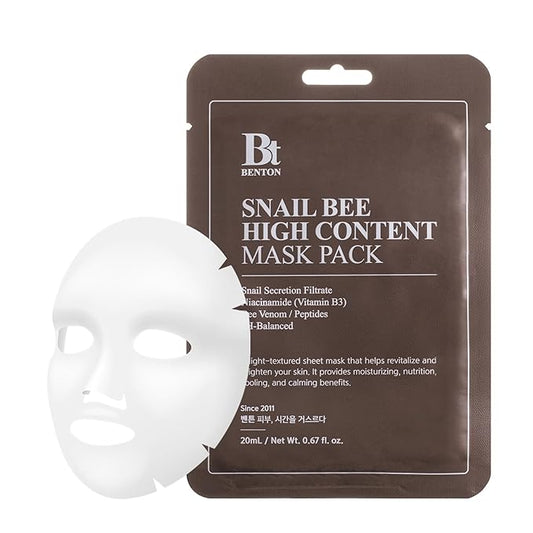 BENTON Snail Bee High Content Mask Pack (20g / 10 Sheets) - Snail Mucin Face Mask With Bee Venom | Korean Skin Care Face Mask Sheets For Moisturizing, Soothing and Nourishing-VivaGrace Women