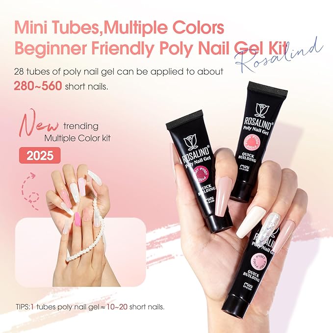 ROSALIND 28 Colors Poly Nail Gel Kit with Mini U V/LED Lamp White Nude Poly Nails Gel Kit Starter Kits With Slip Solution Pink Extensions Set for Nail Manicure Beginner-VivaGrace Women