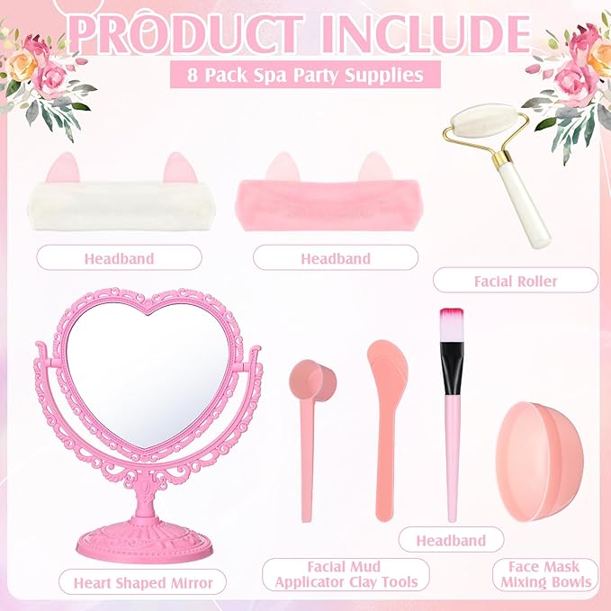 8 Set Spa Party Supplies for Girls Including 8 Heart Shaped Stand Mirrors 8 Jade Roller for Face 8 Face Brushes Kit 8 Face Mask Mixing Bowl 8 Headband for Sleepover Birthday Party Favors-VivaGrace Women
