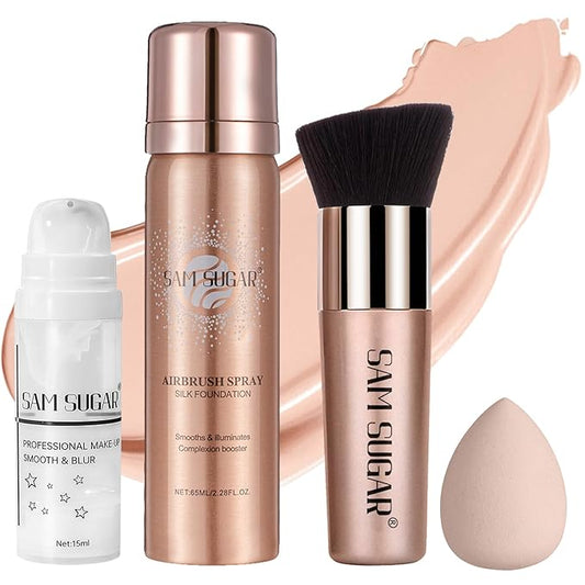 AirBrush Foundation Spray Set, Spray Foundation Makeup and Hydrating Face Primer Kit, Longwear Waterproof Liquid Matte Foundation Mist for Flawless Look, Brush and Sponge Include (#2 Natural)-VivaGrace Women