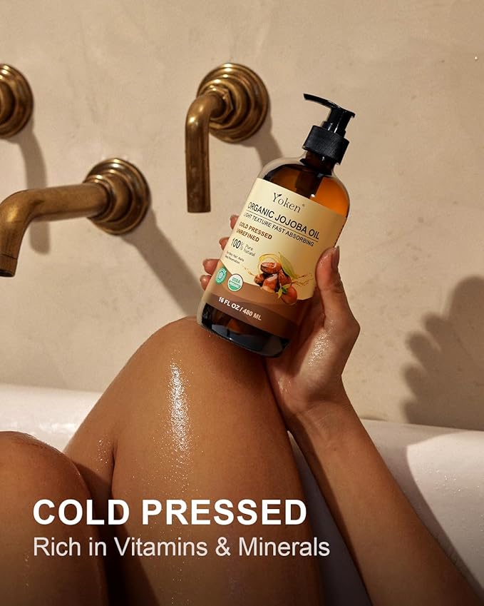 Yoken Organic Jojoba Oil Glass Bottle 16 fl oz, USDA Certified 100% Pure & Natural Jojoba Oil for Hair, Skin & Face, Cold Pressed Unrefined Hexane Free, Deeply Moisturizing Body Serum for Gua Sha-VivaGrace Women