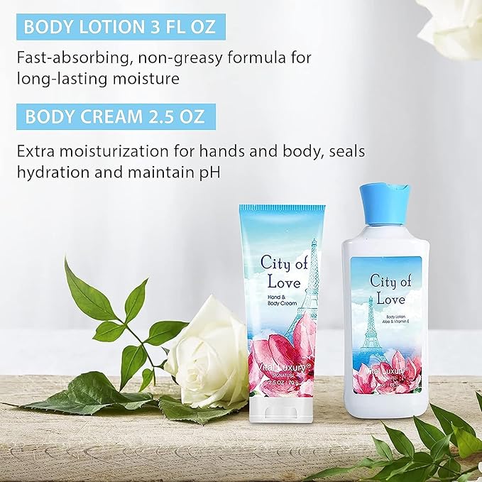 Bath & Body Kit - Body Lotion, Shower Gel, Body Cream, and Fragrance Mist, 3 Fl Oz each, in City of Love, Ideal Skincare Gift Home Spa Set for luxurious indulgence-VivaGrace Women