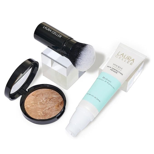 LAURA GELLER NEW YORK Laura's Must-Haves Kit 3pc: Baked Balance-n-Brighten Powder Foundation, Medium + Spackle Skin Perfecting Makeup Primer, Hydrate + Airbrush Round Kabuki Brush-VivaGrace Women