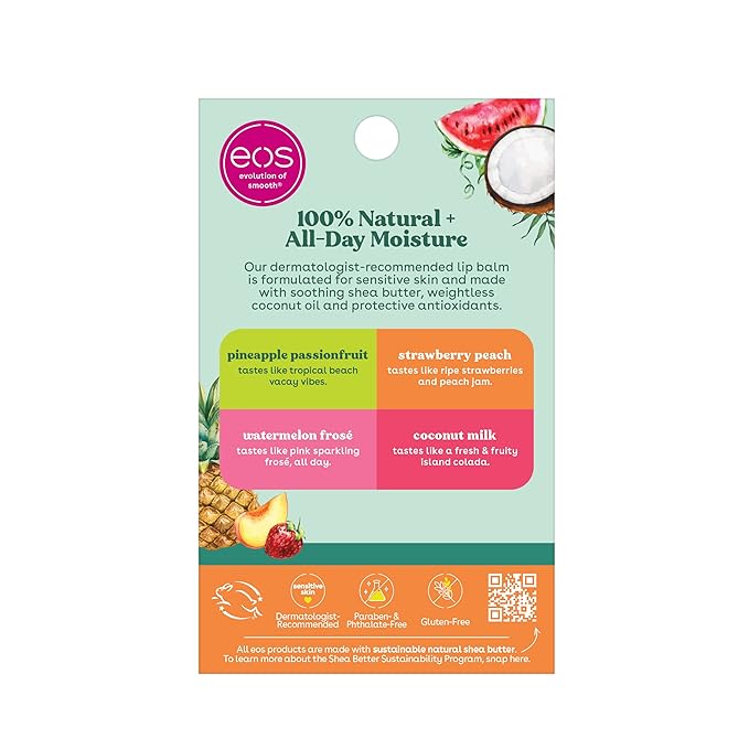 eos 100% Natural Variety Pack Lip Balm Sticks, Coconut Milk, Watermelon Frose, Pineapple Passionfruit, & Strawberry Peach, Lip Care, Pack of 4-VivaGrace Women