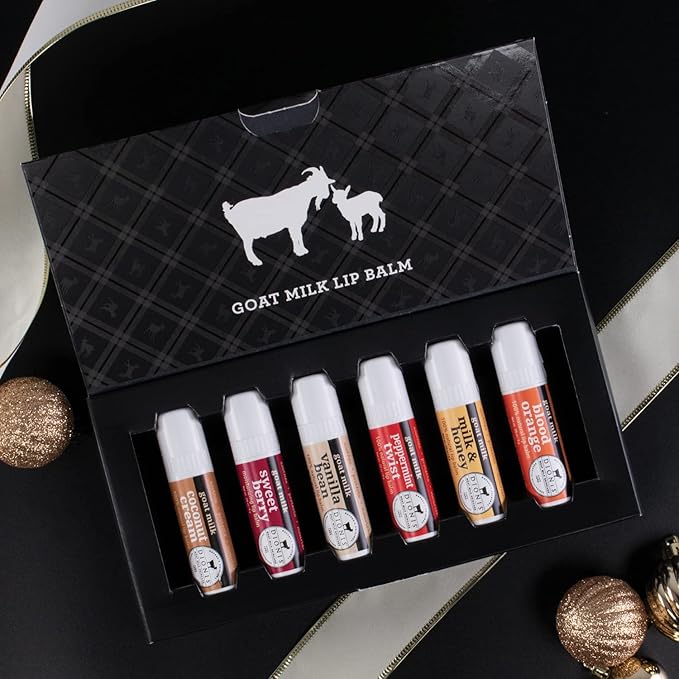 Dionis Goat Milk Lip Balm Deluxe Gift Box Set of 6 Vanilla, Coconut, Milk & Honey, Berry, Peppermint & Blood Orange Scented Chapstick - Shea Butter & Coconut Oil Gifts For Her, Protect & Restore Lips-VivaGrace Women
