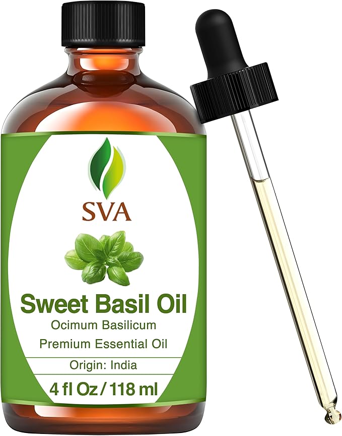 SVA Sweet Basil Essential Oil – 4 Fl Oz – 100% Natural Basil Oil - for Diffuser, Hair Care, Face, Skin Care, Aromatherapy, Scalp and Body Massage, Soap and Candle Making – with Dropper-VivaGrace Women