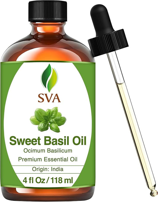SVA Sweet Basil Essential Oil – 4 Fl Oz – 100% Natural Basil Oil - for Diffuser, Hair Care, Face, Skin Care, Aromatherapy, Scalp and Body Massage, Soap and Candle Making – with Dropper-VivaGrace Women