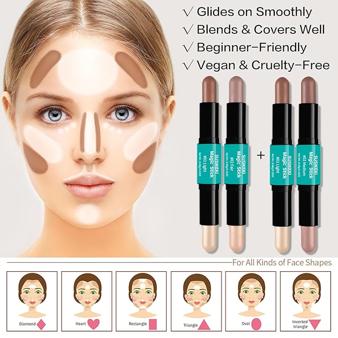 Contour Stick, 4Pcs Dual-Ended Highlighter Makeup Pen & Contouring Stick for Face Shaping, Long Lasting Waterproof Cream Bronzer & Highlight Sticks Make Up Kit for All Skin Tones(Set A+Set B)-VivaGrace Women