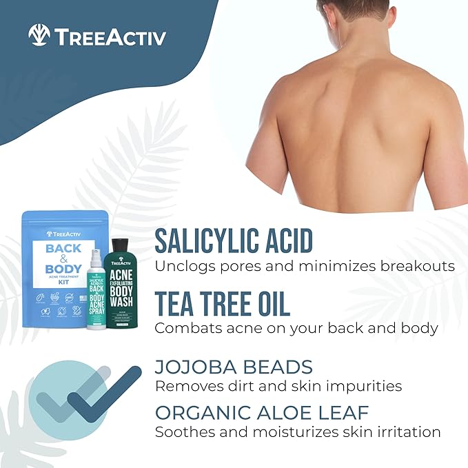 TreeActiv 90-Day Body Acne Treatment Kit, Salicylic Acid Acne Body Spray, Exfoliating Body Acne Wash, Body Acne Treatment for Back, Chest and Butt Acne Removal, Back Acne Treatment For Women and Men-VivaGrace Women