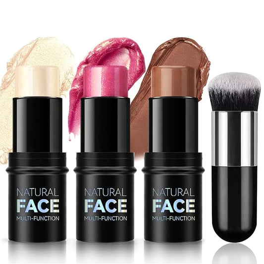 3Pcs Contour Highlighter Cream Blush Stick for Cheeks Eyes Lips Lightweight Dewy Finish Blush Stick Waterproof Long Lasting Contour Stick Trio Wand Face Makeup Set for Girls and Women (1+3+4)-VivaGrace Women