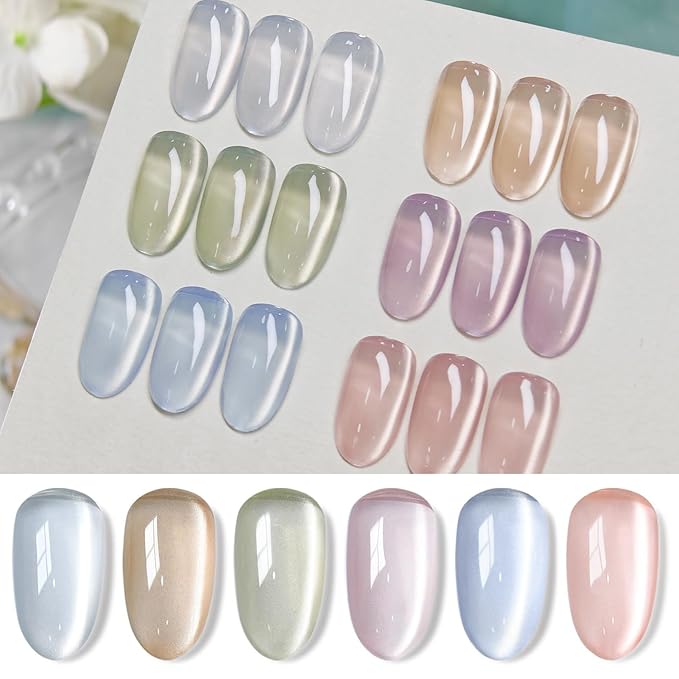 Born Pretty Magnetic Gel Nail Polish Water Light Magnetic Eye Gel Jelly Glass Crystal Glitter Shimmer Auroras Magnetic Gel Nail Art Manicure Kit 6PCS-VivaGrace Women
