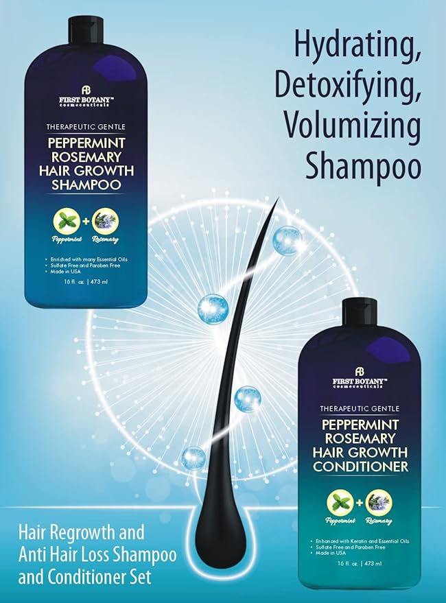 First Botany, Peppermint Rosemary Hair Regrowth and Anti Hair Loss Shampoo and Conditioner Set - Daily Hydrating, Detoxifying, Volumizing Shampoo and Fights Dandruff For Men and Women 16 fl oz x 2-VivaGrace Women