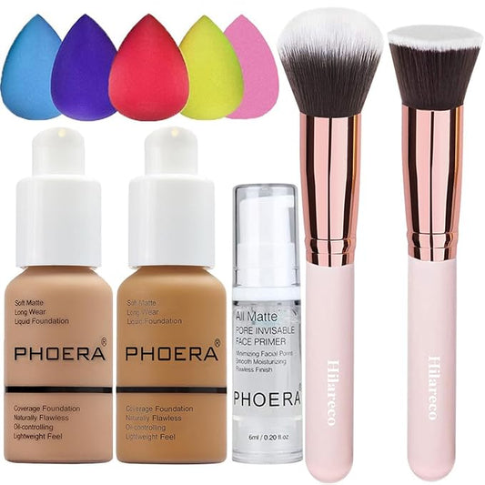 PHOERA Foundation Makeup for Wome Full Coverage Foundation Set,Face Primer Foundation Brush Powder Brush,5 Makeup Sponge,30ml PHOERA 24HR Matte Oil Control Concealer (105 Sand+111 Chestnut)-VivaGrace Women
