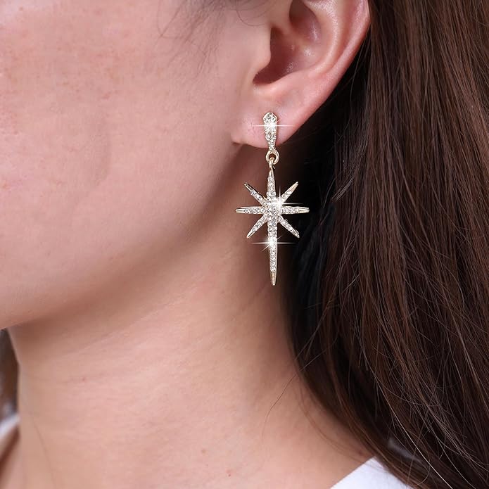 Vintage Crystal Northstar Dangle Earrings Rhinestone Northstar Studs Earrings Gold Cz Star Drop Earrings Sparkly Cz Starburst Earrings Jewelry for Women-VivaGrace Women