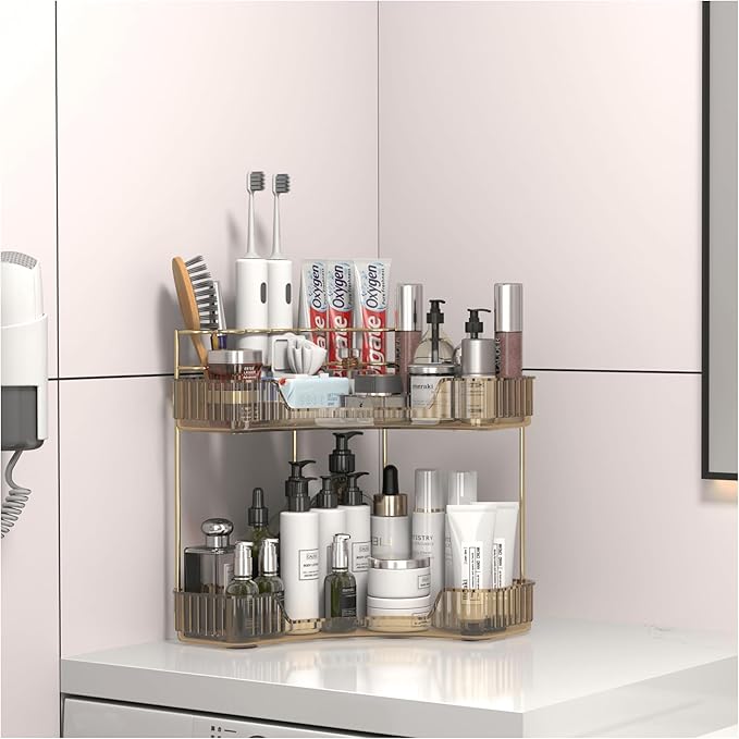 Corner Bathroom Counter Organizer with Top Toothbrush Holders, 2-Tier Make Up Organizers for Vanity with Brush Holder, Corner Storage for Bathroom, Kitchen, Dresser-VivaGrace Women