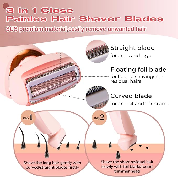 Livora Electric Shaver for Women,2 in 1 Wet & Dry Painless Hair Removal with 2 Removable Heads,Rechargeable Cordless Womens Razor for Bikini,Legs,Arms,Underarm Area,IPX7 Waterproof(Pink)-VivaGrace Women