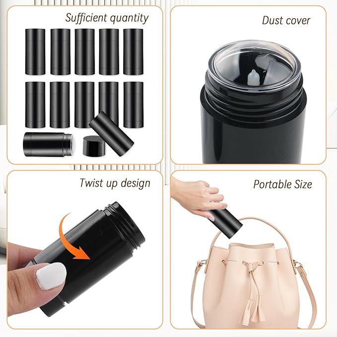12 Pieces 15g Black Plastic Deodorant Containers,Empty 1/2 oz Travel Lip Balm Tubes,Refillable Twist-UP Solid Perfume Tubes,Lipstick Tubes for DIY-VivaGrace Women