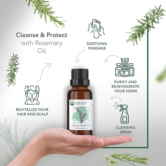 HBNO California Bottled Organic Rosemary Essential Oil 1 fl oz (30ml) - USDA Certified Organic Rosemary Essential Oil for Aromatherapy, Soap Making, DIY, Fragrances, Diffuser-VivaGrace Women