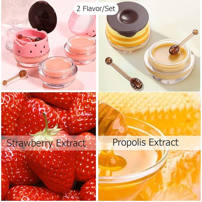 Bee Lip Balm Honey Pot, Strawberry & Honey Moisturizing Propolis Lip Mask, Hydrating & Prevention Dry and Cracked Lip Scrubs Exfoliator, Reduces Lip Lines (Yellow & Pink)-VivaGrace Women