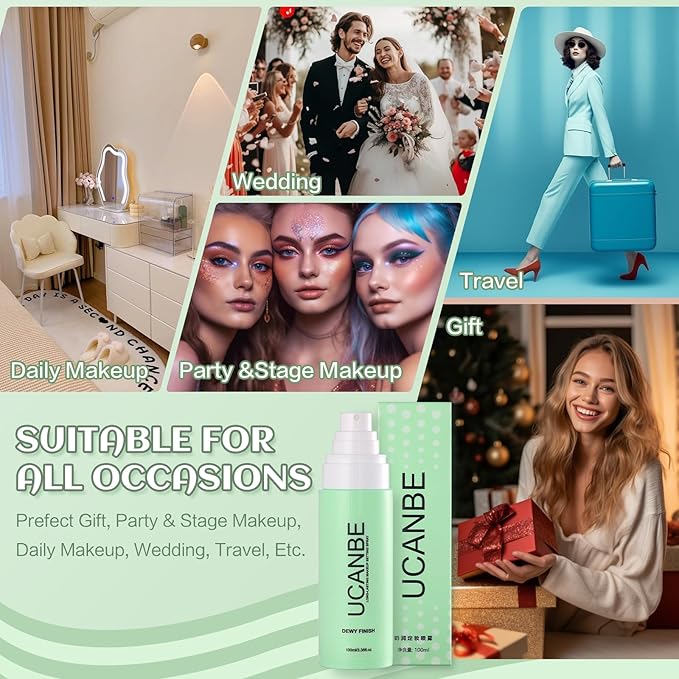 Dewy Makeup Setting Spray Kit-3.38 Fl oz Hydrating Illuminating Finishing Spray Lightweight Face Mist All Day Long Make up Fixer +2PCS Sponge Puff, Hydrate Skin for a Bright Look-VivaGrace Women