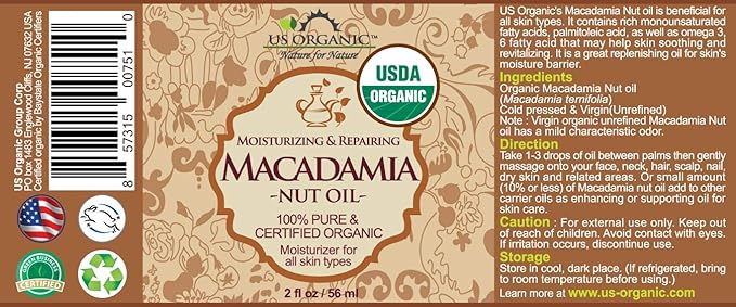 US Organic Macadamia Nut Oil Unrefined Virgin, USDA Certified Organic, Pure & Natural, Cold Pressed, Sourced in Kenya, in Amber Glass Bottle w/Glass Eye dropper for Easy Application (2 oz (Small))-VivaGrace Women