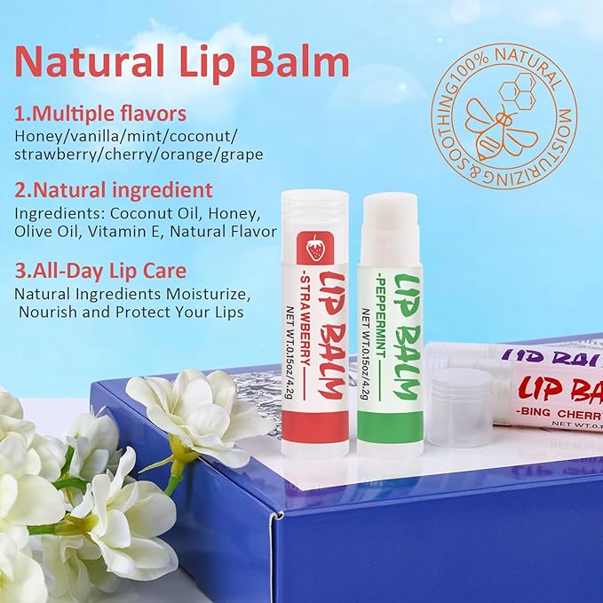 64 Pack Lip Balm, Natural Lip Balm Bulk with Vitamin E and Coconut Oil, Moisturizing Soothing Chapped Lips-8 Flavors-VivaGrace Women