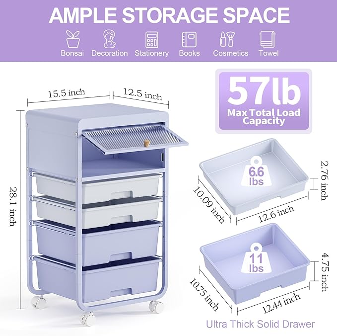 Utility-Rolling-Storage-Drawer-Craft-Cart-Organizers with 4 Drawers & Dust-Proof Door for Kid Craft Art Room,Bedroom,Home Office, Lavender Purple-VivaGrace Women
