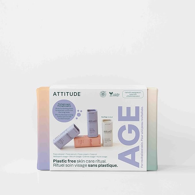 ATTITUDE Oceanly Aging Skin Daily Facial Care Routine Box Set, EWG Verified, Plastic-free, Plant and Mineral-Based Ingredients, Vegan and Cruelty-free, PHYTO AGE, Set of 4 Travel Size Bars-VivaGrace Women