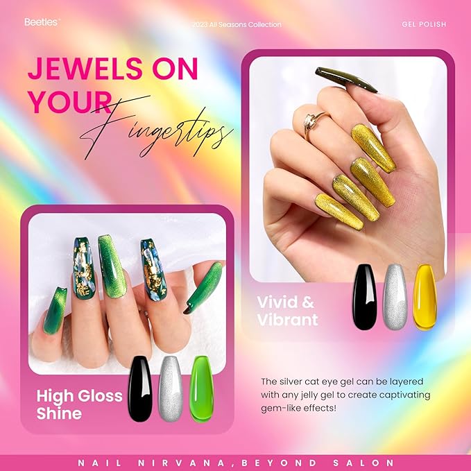 Beetles Gel Nail Polish Set, 6 Colors Silver Cat Eye Gel Polish Sheer Jelly Red Pink Yellow Green Black Neon Gel Translucent Glitter Effect with Magnet Soak Off UV Manicure Gifts for Women-VivaGrace Women