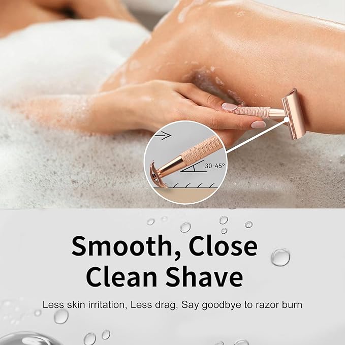 Matte Rose Gold Safety Razor, Single Blade Razors for Women, Reusable Metal Razor, with 10 Stainless Steel Double Edge Blades, Eco-friendly, Smooth & Close Shave, Plastic Free-VivaGrace Women