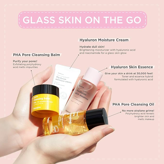 Hanskin Glass Skin On The Go Kit, Travel Friendly Hydrating Skincare Set for Glowing Skin, Cleansers, Skin Essence Toner and Moisturizer, Korean Skin Care [Set of 4 / 30 ml each]-VivaGrace Women