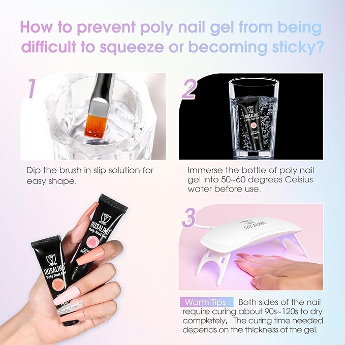 ROSALIND 38PCS Poly Nail Gel Kit with Mini Nail Lamp Neon Blue Poly Extension Gels Kit Hot Pink Nude Poly Nails Set-VivaGrace Women