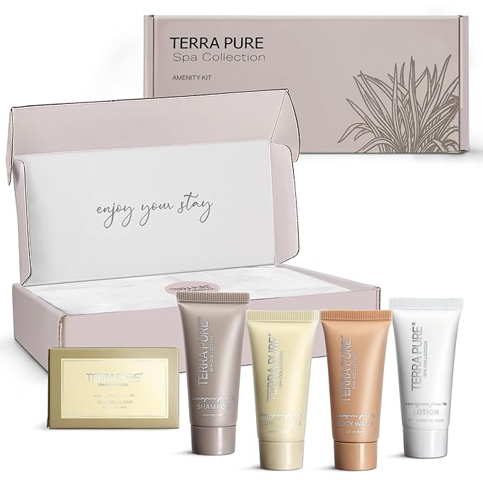 Terra Pure Spa Collection Amenity Kit | Hotel Toiletries | Bulk Set 0.85 oz Travel Size Shampoo,Conditioner, Lotion, Body Wash & Massage Bar for Guest Hospitality AirBnB/Vacation Rentals |1 set/ case-VivaGrace Women